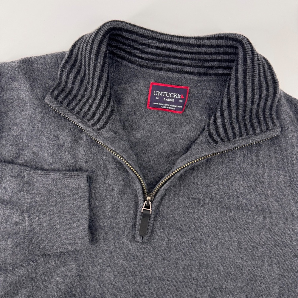 UNTUCKit Belguardo Sweater Mens Large Dark Grey 100% Extra Fine Merino Wool Zip